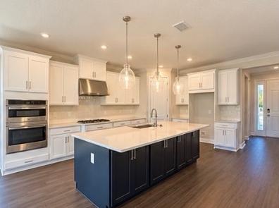 Gourmet kitchen with oversized two-tone island, pendant lighting and double wall ovens
